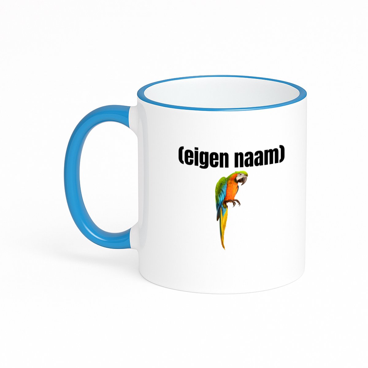 Hacebo® - papegaai met eigen naam koffiebeker met gekleurde rand blauw - Papegaai - papegaai liefhebbers - thee mok - koffie beker - iemand die houdt van papegaaien - verjaardag - cadeau - kado - koffiemok - 330 ML
