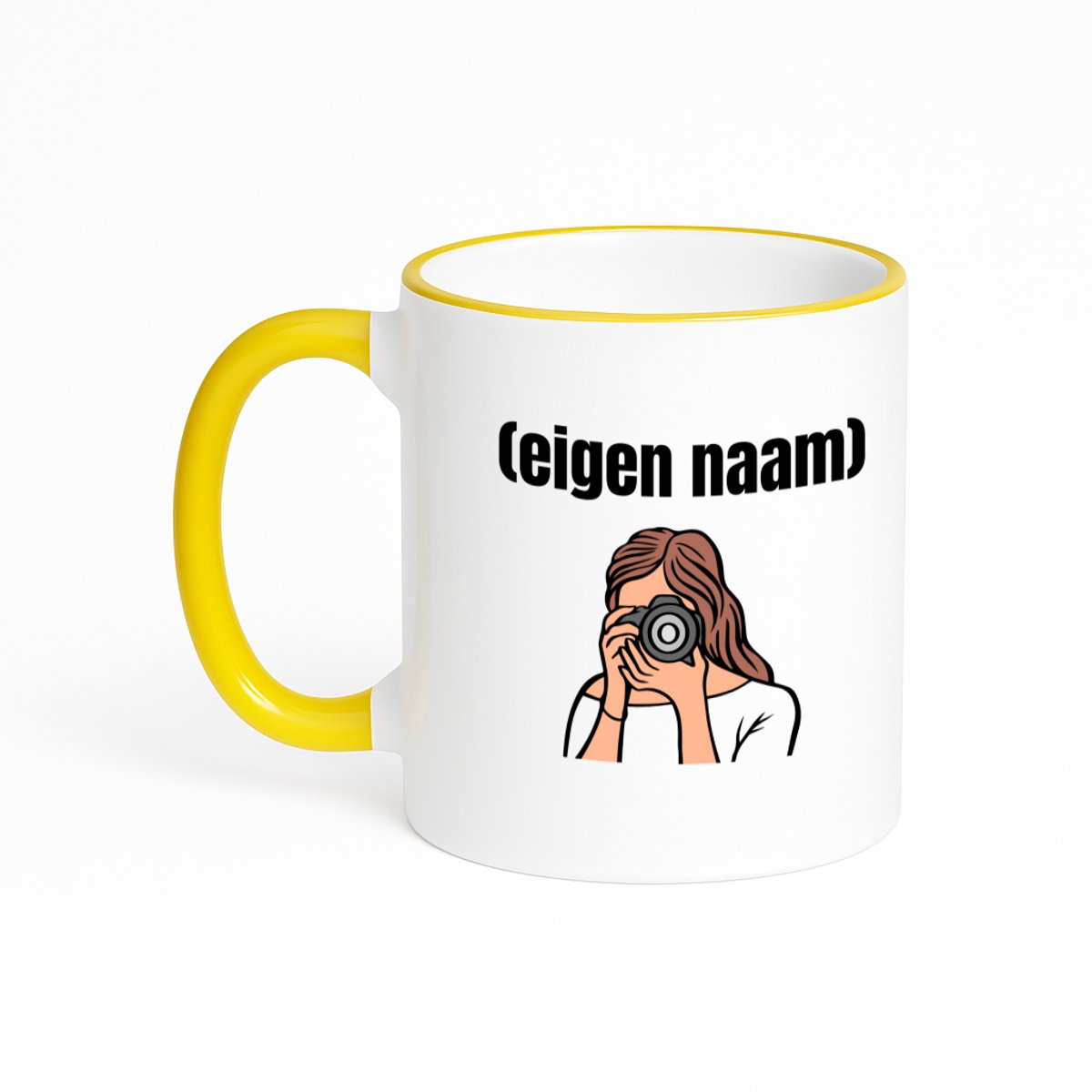 Hacebo® - fotograaf vrouw met eigen naam koffiebeker met gekleurde rand geel - Fotograaf - fotografen - thee mok - koffie beker - leuk cadeau voor iemand die houd van foto's maken - cadeau - kado - koffiemok - 330 ML
