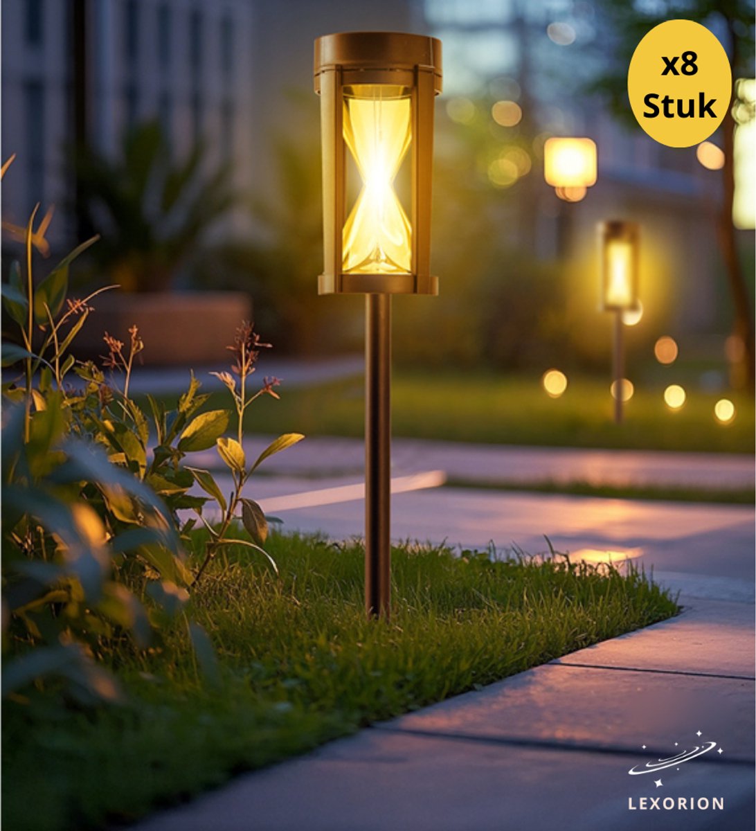 Lexorion Soluna Solar Tuinverlichting - 8 Stuks - Zandlopervorm - Warm Wit Licht - IP44 Waterdicht - Auto Aan/Uit - Energiebesparende Buitenlampen voor Tuin, Pad & Terras