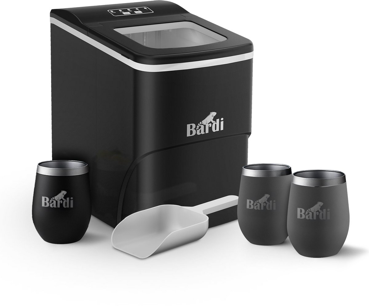 Bardi IJsblokjesmachine Set - 2 Liter Zwart - 12KG IJsblokjes in 24 uur - met IJsschep - Inclusief 3 Luxe Thermosbekers en Ijsschep - Grijs