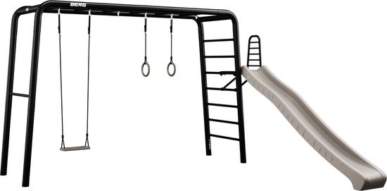 Zwart metalen speelrek met schommel, ringen, klimwand en een uitneembare glijbaan.