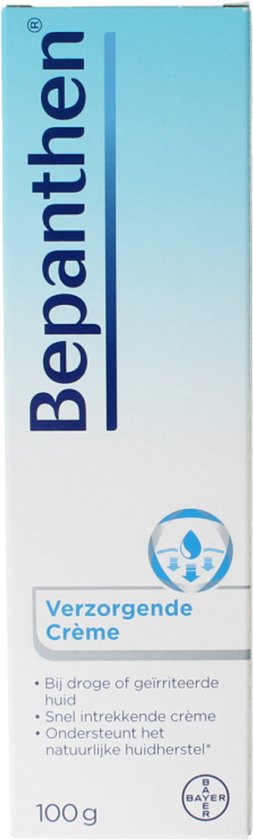 Doos Bepanthen Verzorgende Crème, 100g, wit met blauwe opdruk.