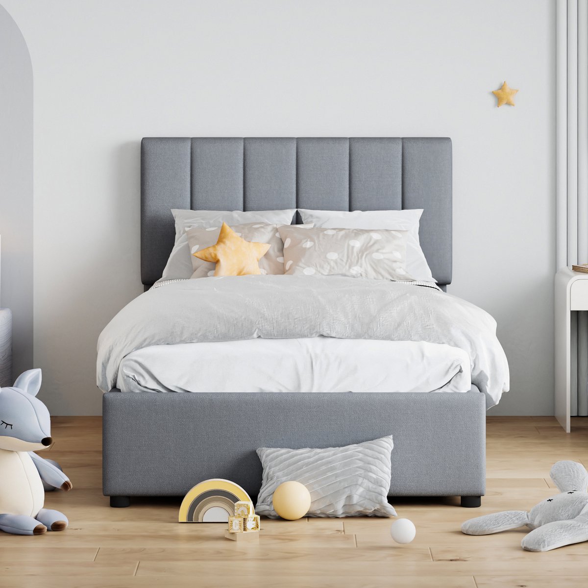 Kinderbed gestoffeerd bed 90x200 cm met opbergruimte - eenpersoonsbed - hoge bedstee - grijs - zonder matras