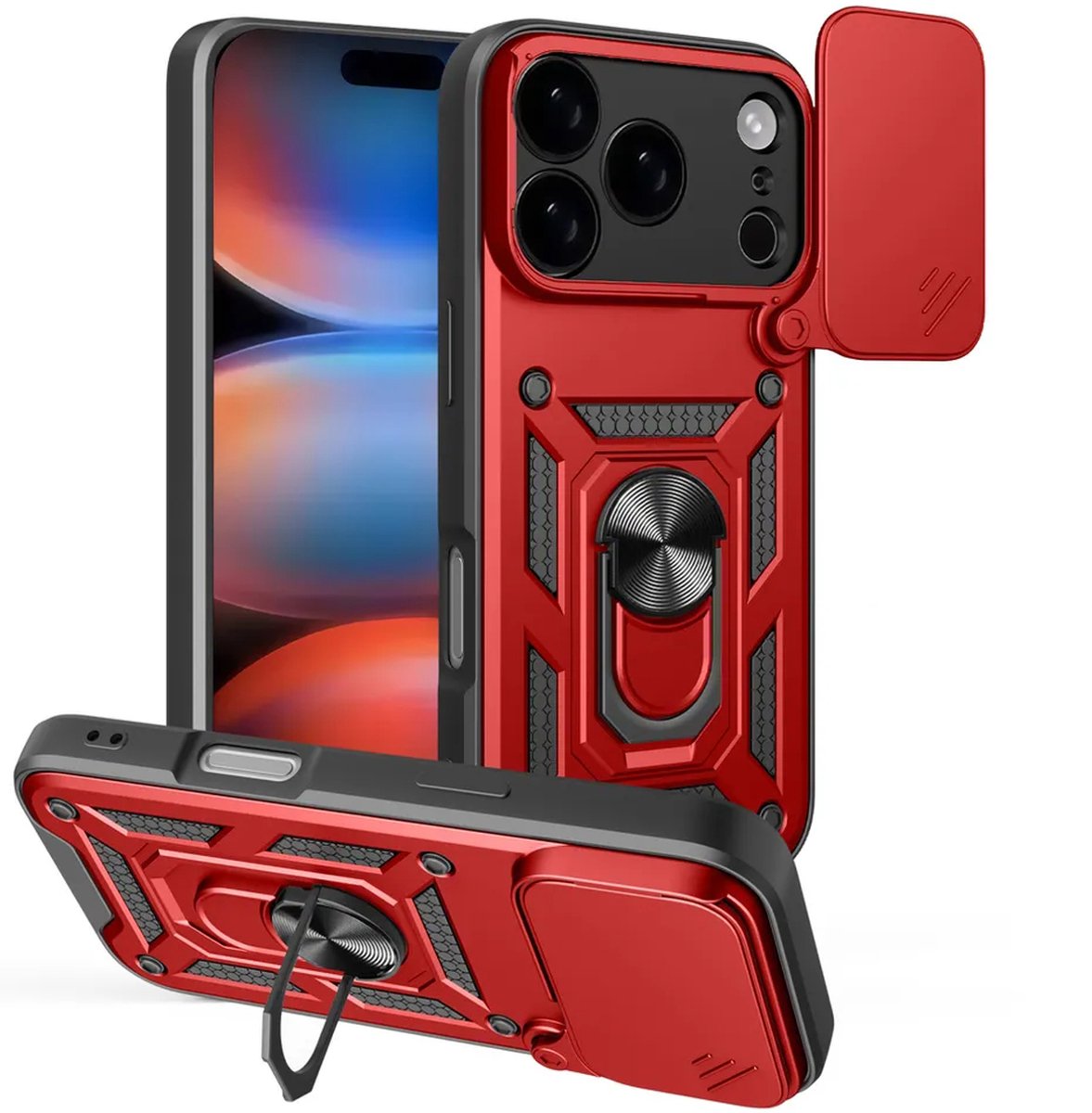 MobyDefend Hoesje - Geschikt voor iPhone 17 Pro Max - Pantsercase Met Draaibare Ring - Rood