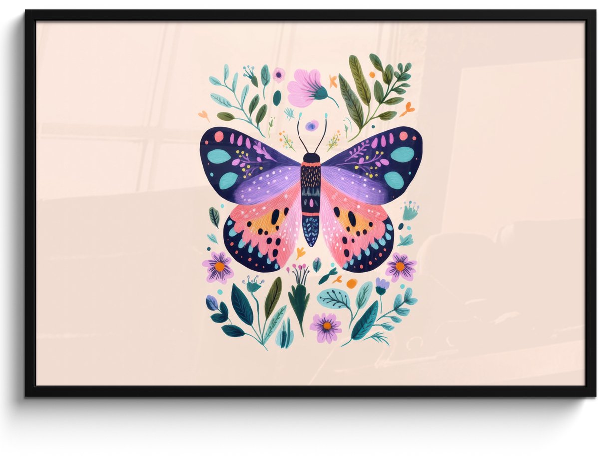 FrameYourWall Poster in lijst - Fotolijst 120x80 cm - Posters - Bloemen - Bladeren - Vlinder - Kleurrijk - Posterlijst zwart - Decoratie - Wanddecoratie woonkamer - Muurdecoratie slaapkamer Vlinder - Bloemen