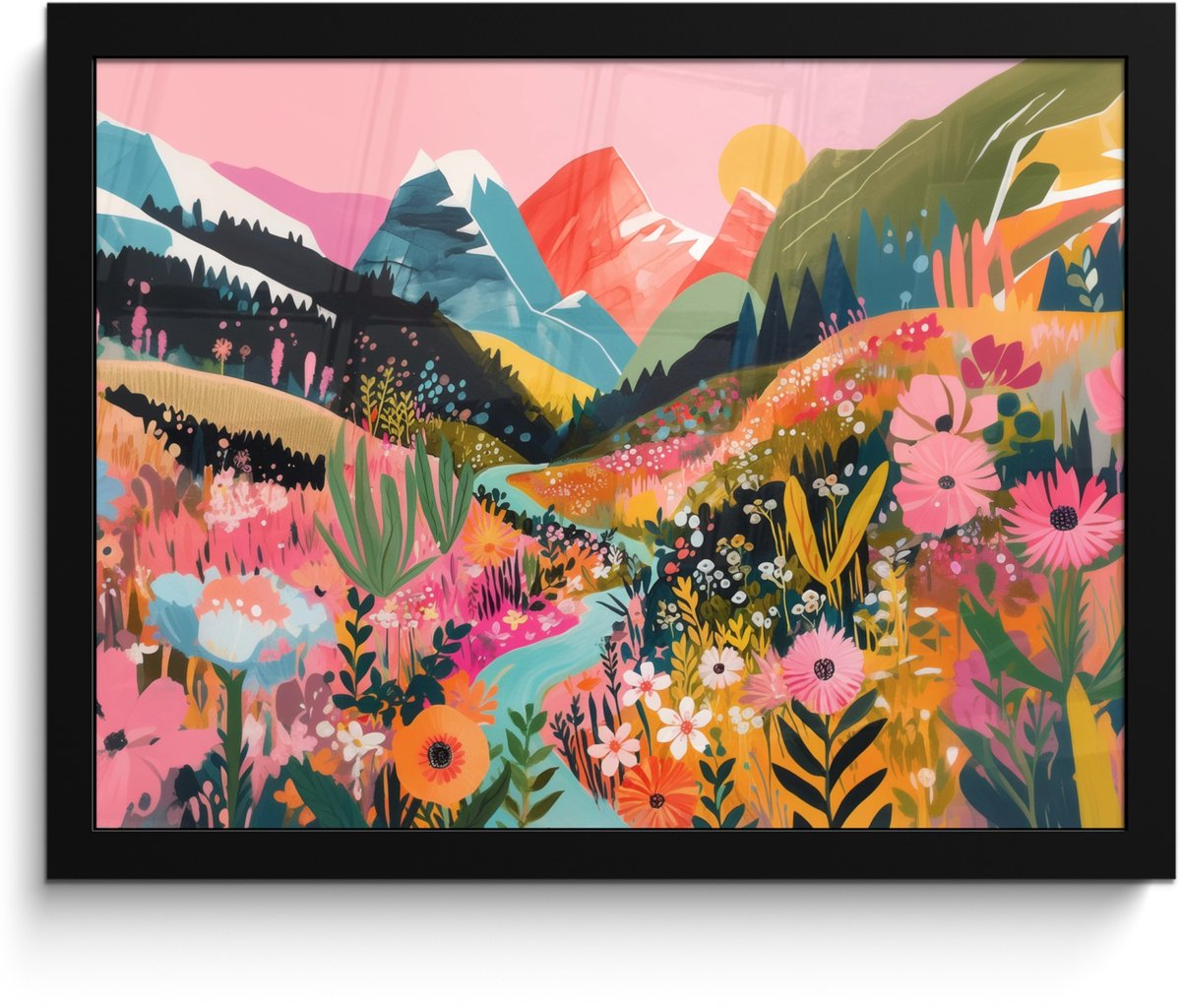 FrameYourWall Poster in lijst - Fotolijst 40x30 cm - Posters - Rivier - Diepte - Bloemen - Posterlijst zwart - Decoratie - Wanddecoratie woonkamer - Muurdecoratie slaapkamer Rivier - Bergen - Kleurrijk