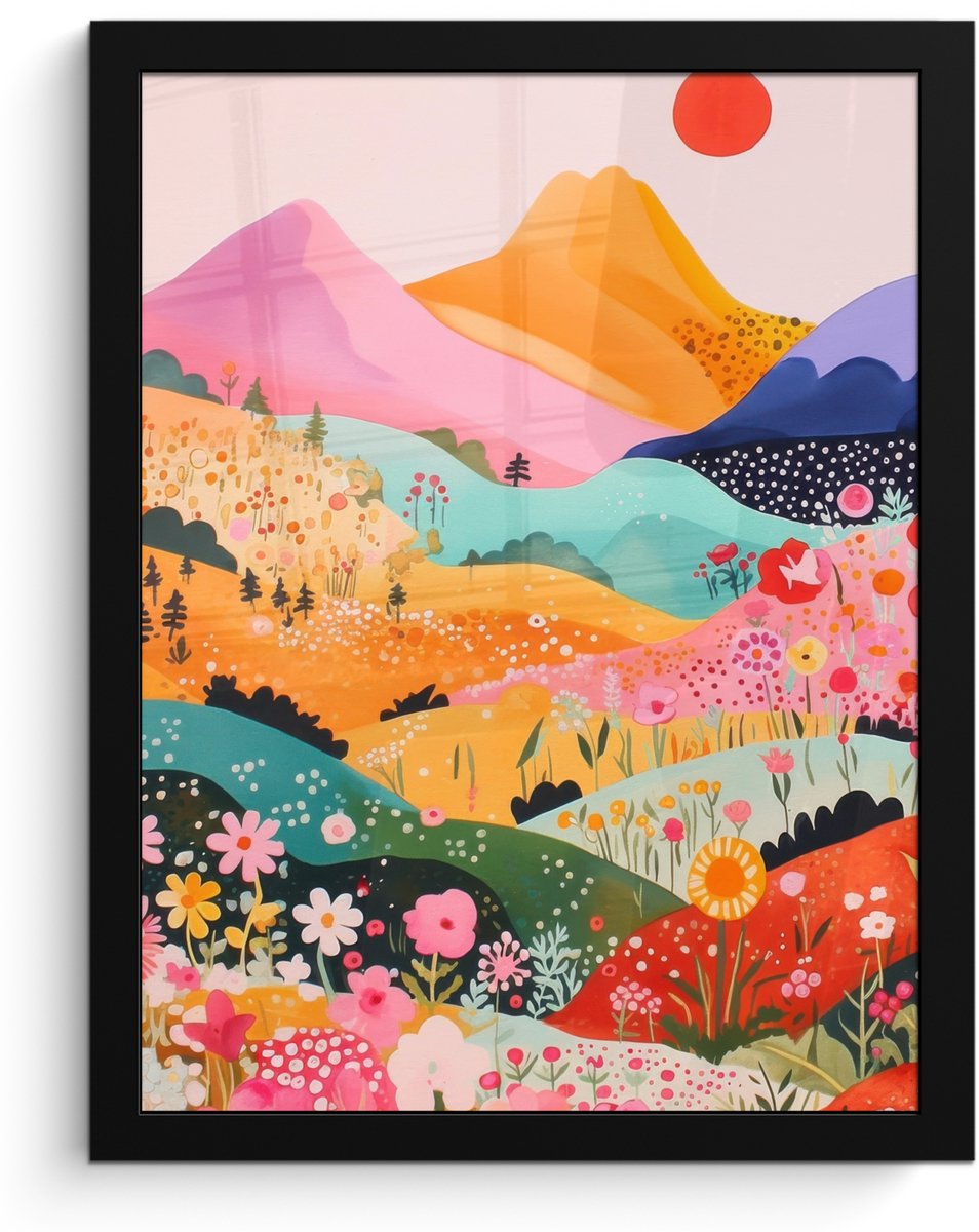 FrameYourWall Poster in lijst - Fotolijst 30x40 cm - Posters - Kleurrijke bloemen - Bergen - Fantasielandschap - Posterlijst zwart - Decoratie - Wanddecoratie woonkamer - Muurdecoratie slaapkamer Bloemen - Heuvels - Kleurrijk