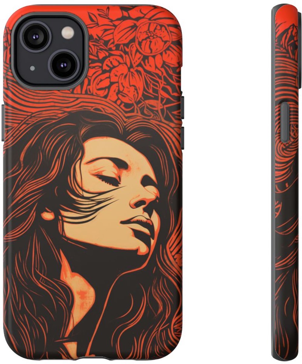 Linosnede Portret van Vrouw met Bloemen – Telefoonhoesje Geschikt voor iPhone 14 Plus