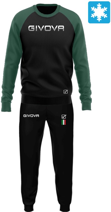 Givova trainingspak met zwarte body, donkergroene mouwen en broek. Logo's van Givova en Italiaanse vlag op de broek.