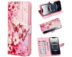 Casemania Hoesje Geschikt voor Samsung Galaxy A54 - Roze Bloemen en Vlinders Print - Portemonnee Bookcase met Pasjeshouder en Standaardfunctie - Wallet case met Ingebouwde Kaarthouders