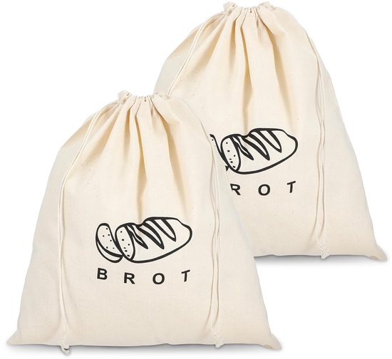 Slowroom Set van 2 Katoenen Broodzakken – Herbruikbare Zak 38x28 cm – Zak voor Broodjes met Trekkoord – Vershoudzak voor Brood