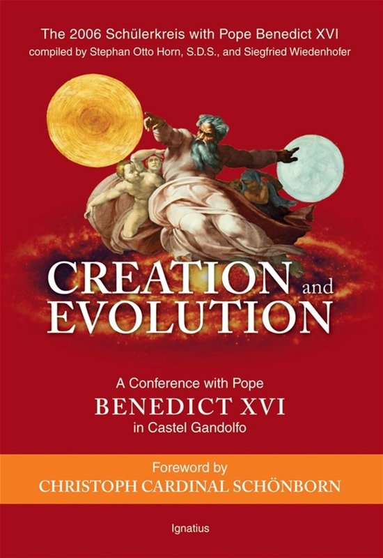 Boekomslag met een detail van Michelangelo's schepping van de zon en de maan, getiteld Creation and Evolution.