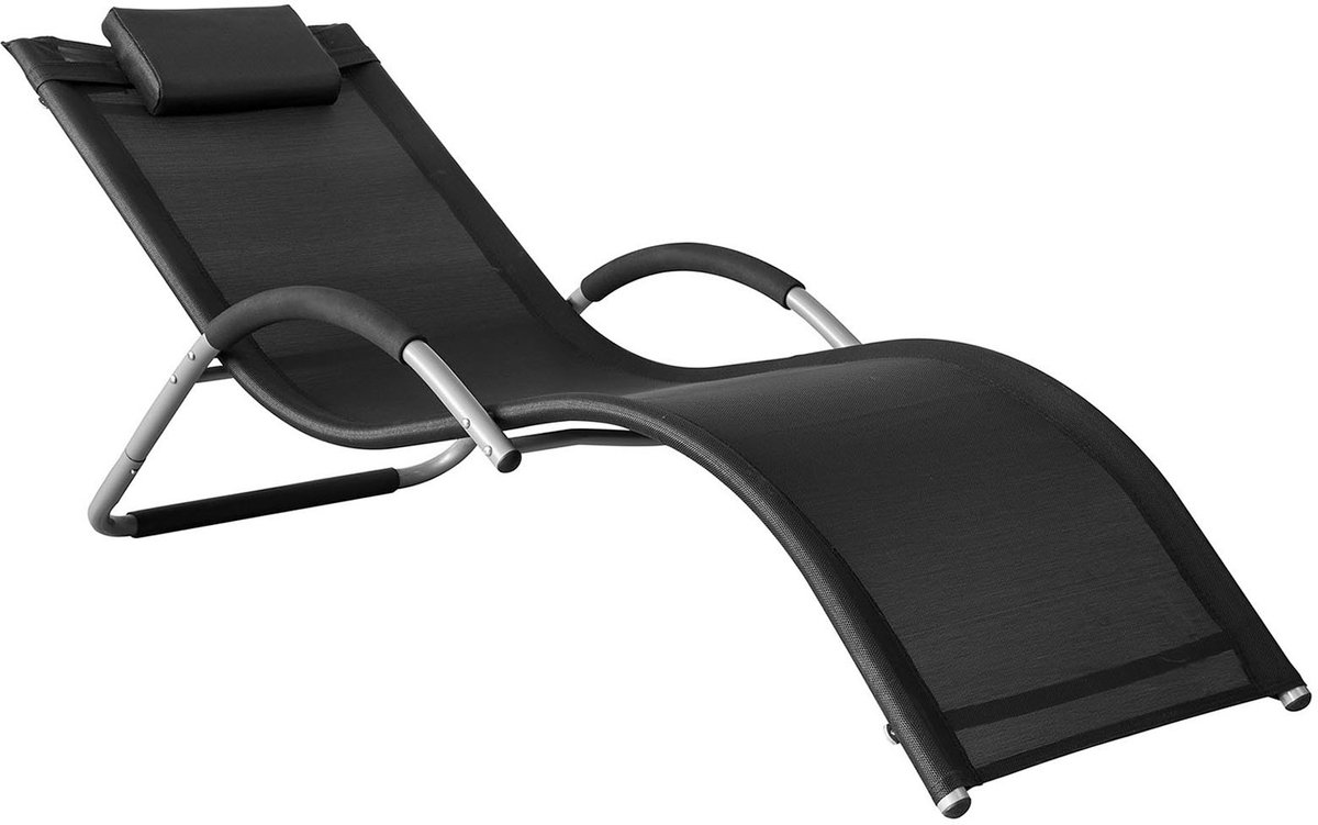 SoBuy OGS38-SCH Tuinstoel - Zwarte Metal Schommelstoel met Verstelbare Hoofdsteun
