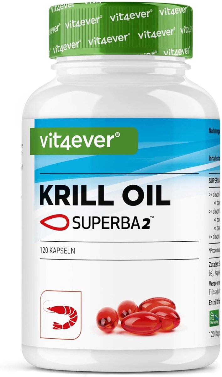 Goedkoopste Krillolie Omega 3 – 120 softgels capsules – 1000 mg - merkgrondstof Superba Antarctische Krill Olie - rijk aan EPA DHA astaxanthine fosholipiden omega 3 vetzuren - Uit duurzame teelt | Vit4ever