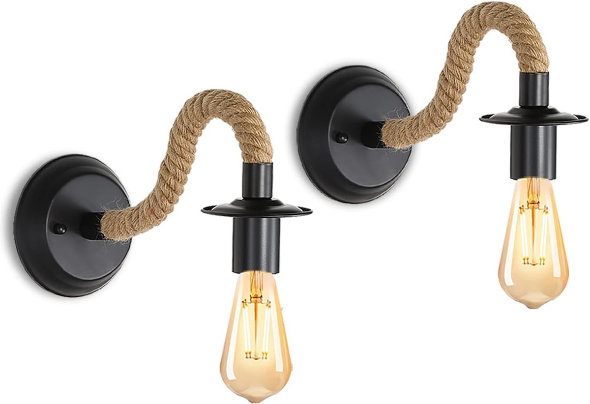 2Packs Vintage Wandlamp, Hennep Touw Wandlamp, E27 Retro Interieur Wandlamp voor Gang Zolderkamer Café Bar (zonder Lamp)