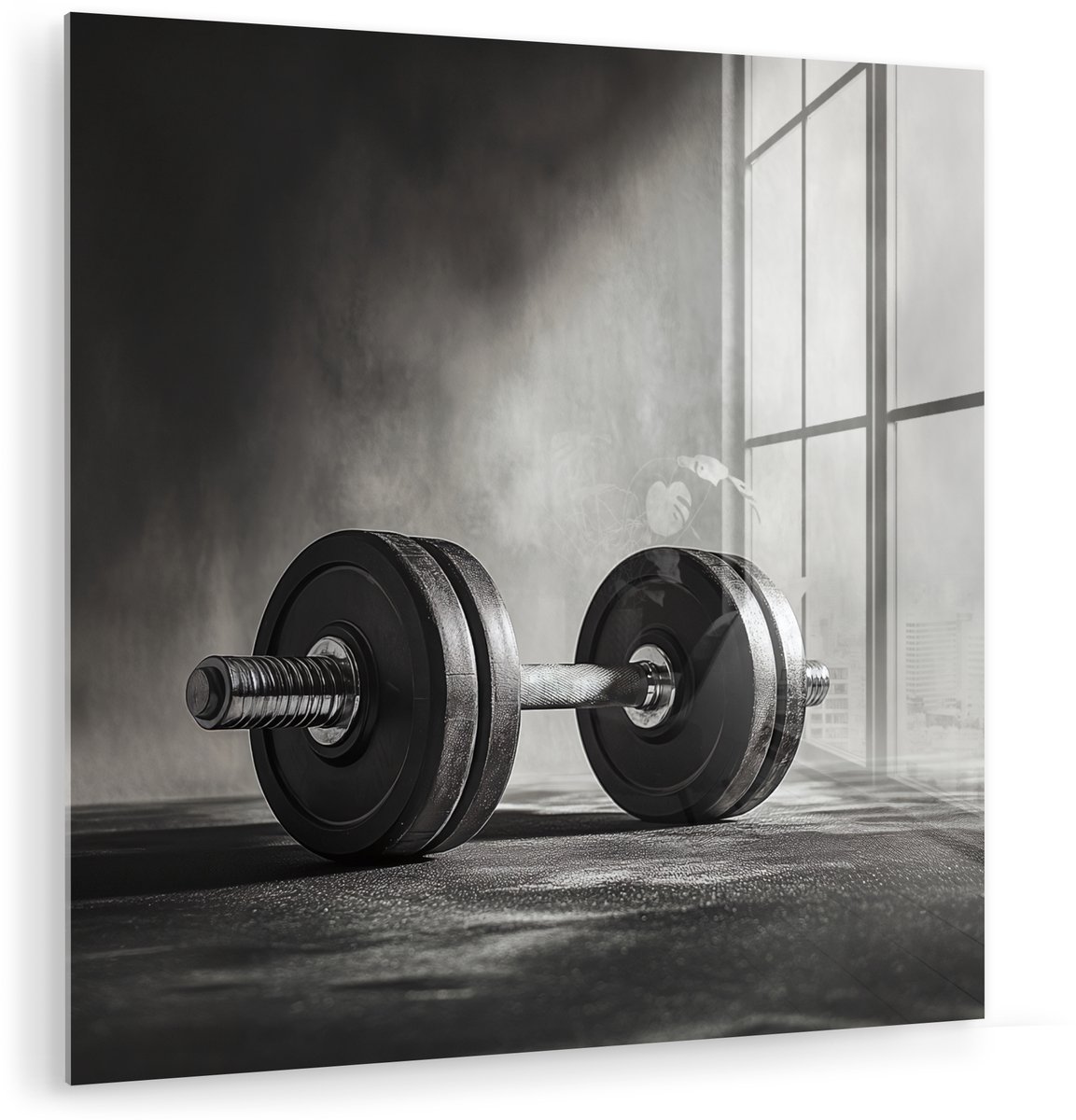 MuchoWow® Glasschilderij 20x20 cm - Schilderij acrylglas - Halter - Gewichten - Zwart - Foto op glas - Muurdecoratie woonkamer - Wanddecoratie slaapkamer - Schilderijen