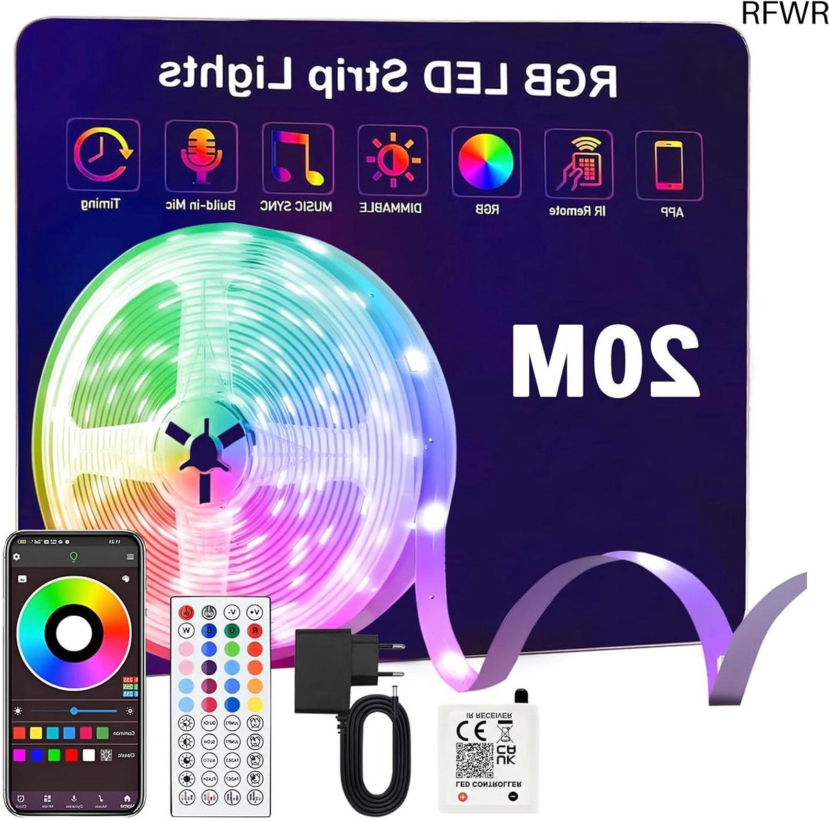 RFWR® 20m RGB LED Strip met Bluetooth App, Dimbaar en Muzieksynchronisatie voor Woondecoratie en Feesten