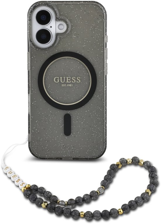 Guess geschikt voor MagSafe IML Glitter Case met beads strap geschikt voor iPhone 16 Pro Max - Zwart