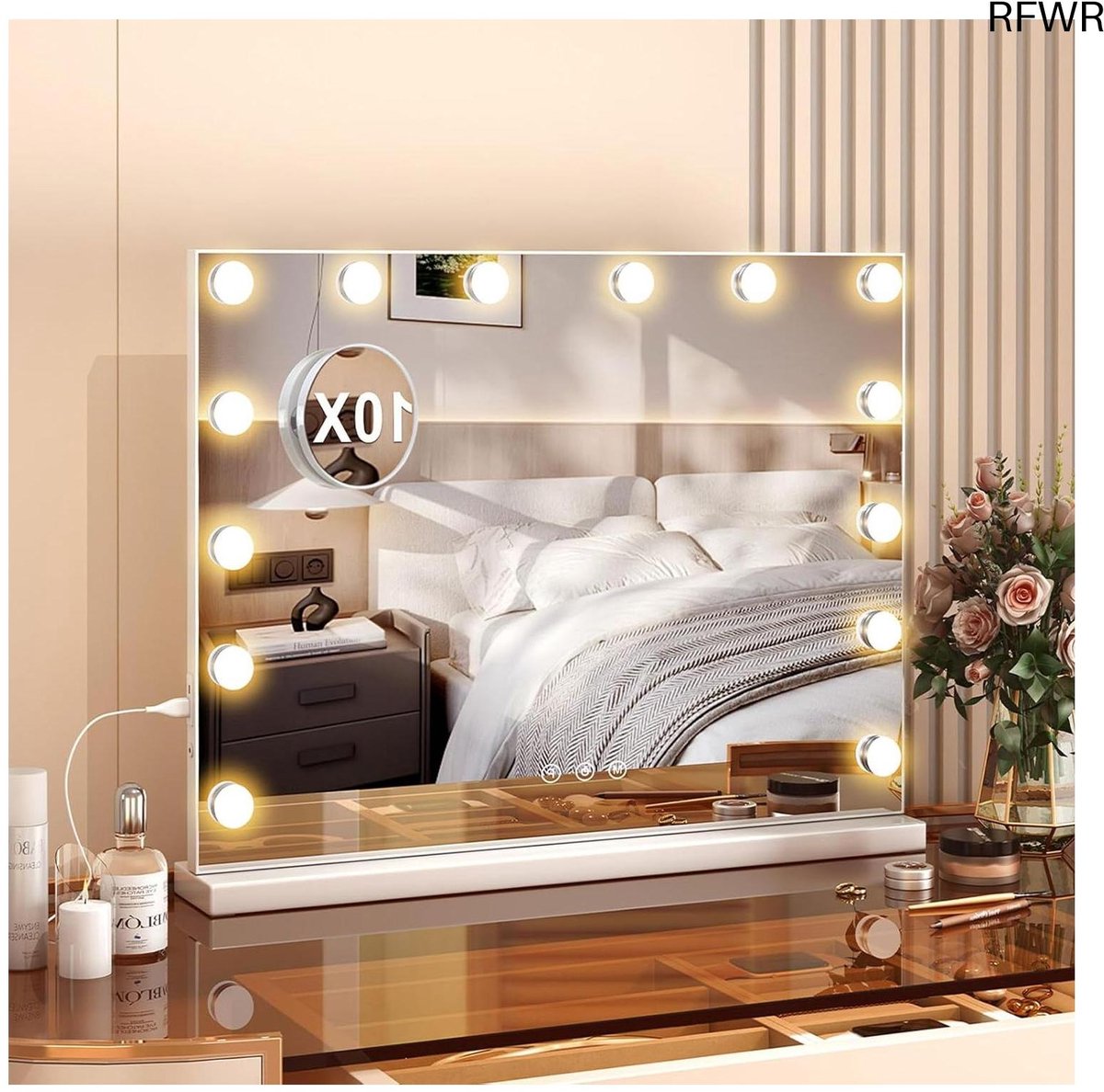RFWR® Verlichte Make-up Spiegel 50x40 cm met 14 LED-lampen en 10x Vergroting