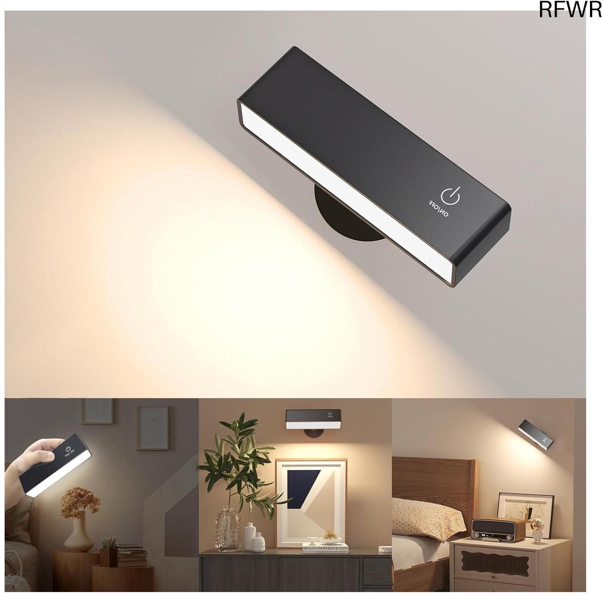 RFWR® Draadloze Wandlamp Zwart met USB Opladen - 360° Draaibaar en Touch Control