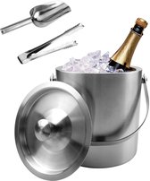 IJsemmer 2 l roestvrij staal dubbelwandig geïsoleerd, ijsemmer voor wijn inclusief deksel, tang en schep, ijsmand voor bar, huis, champagne, dranken