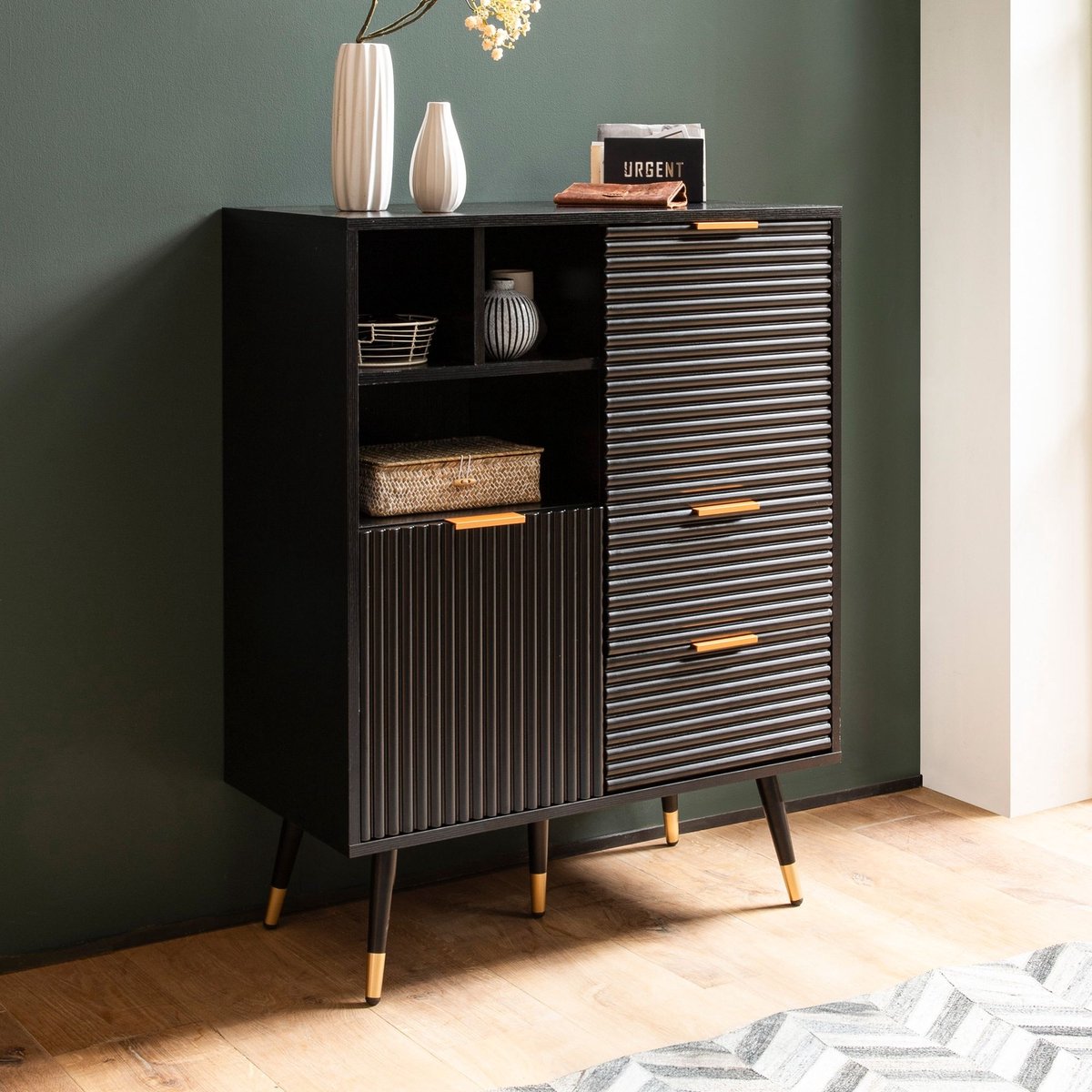 dressoir 77x97x40 cm dressoir zwart met eiken decor, ladekast met deuren en lades, ladekast halkast met plank modern, staande kast woonkamer metalen poten