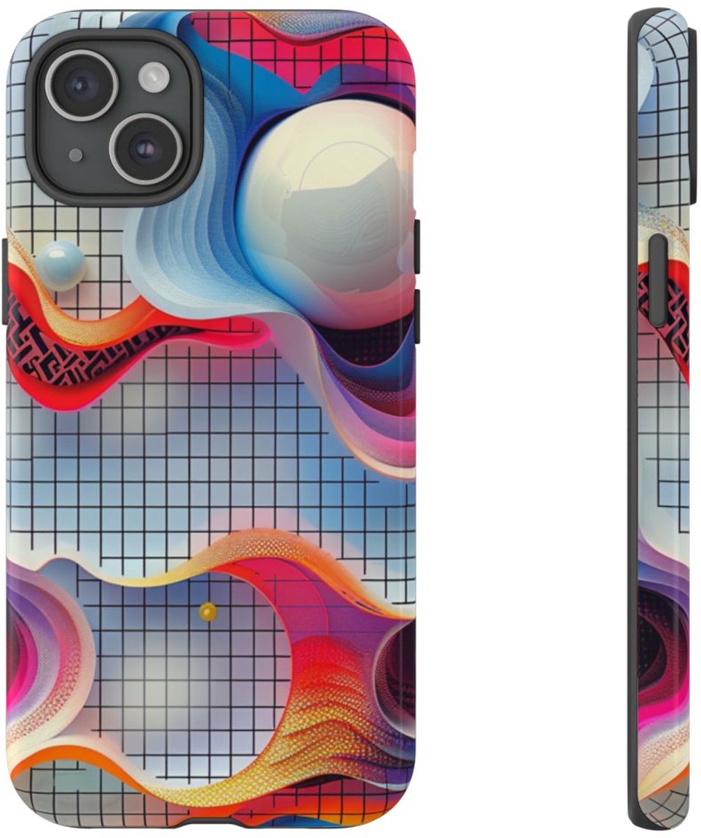 Kleurrijke Abstracte Vloeiende Golven met Sferen – Telefoonhoesje Geschikt voor iPhone 15 Plus