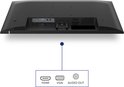 Achterkant van de monitor met HDMI, VGA en audio out poorten, en kabelmanagement.