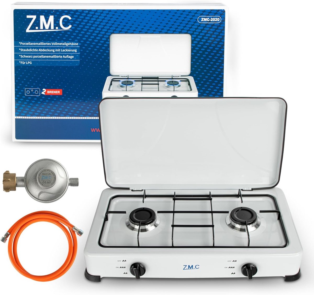 SMH LINE Réchaud Gaz Camping 2 Feux – 4,4 KW, Avec Tuyau Et Régulateur, XL Pour Extérieur