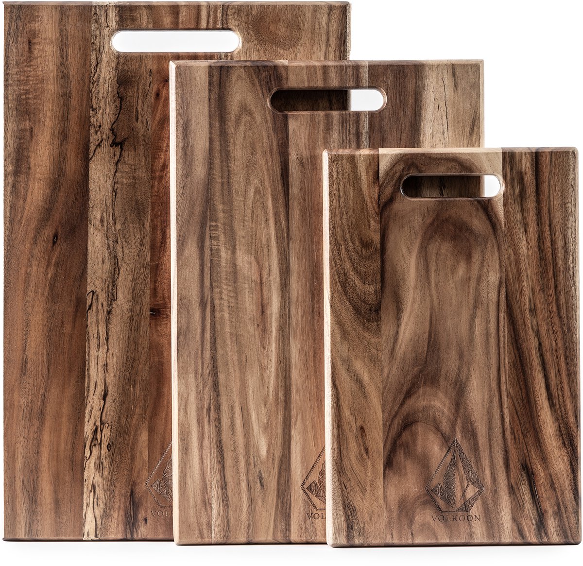 Volkoon 3-Delige Houten Snijplankenset – Duurzaam Acaciahout – Luxe Snij- & Serveerplanken – Keukenset Snijplank