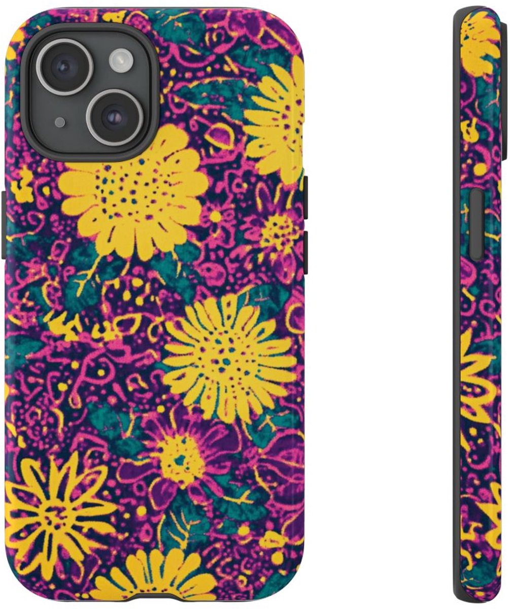 Gele en Paarse Bloemenprint – Telefoonhoesje Geschikt voor iPhone 15