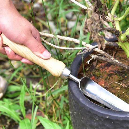 Zaaischep, roestvrijstalen tuinschep, gegradueerde, lange en smalle handschep, gebruikt voor planten, wieden, graven en bemesten. van Merkloos	 — afbeelding 5