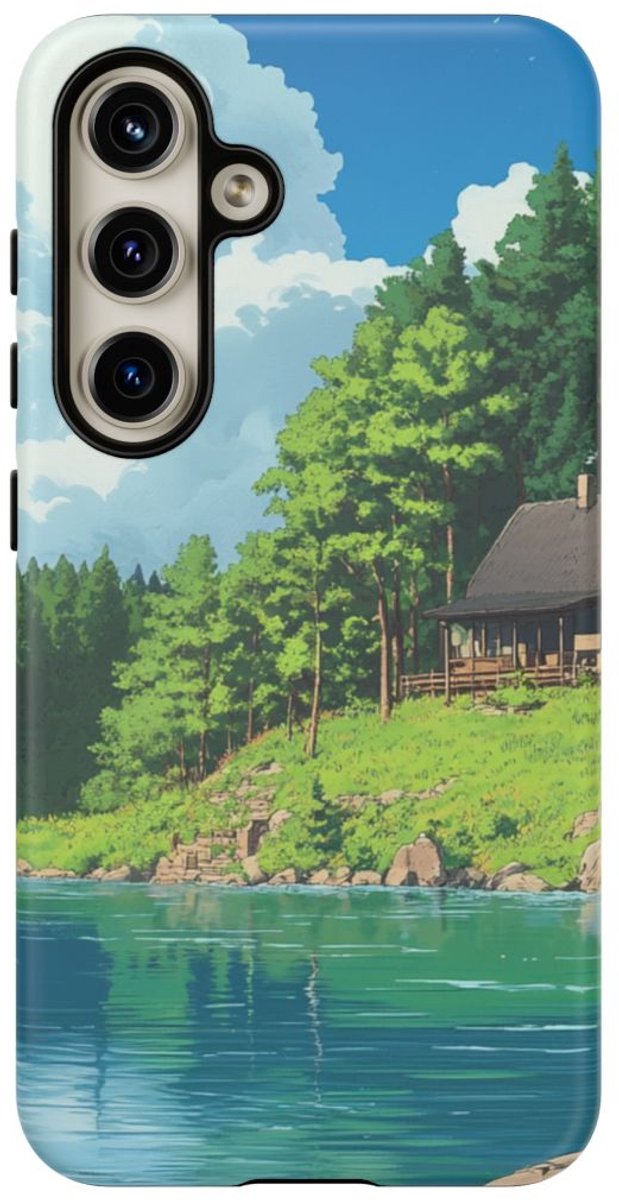 Lakeside Blokhut in Groene Bossen – Telefoonhoesje Geschikt voor Galaxy S24