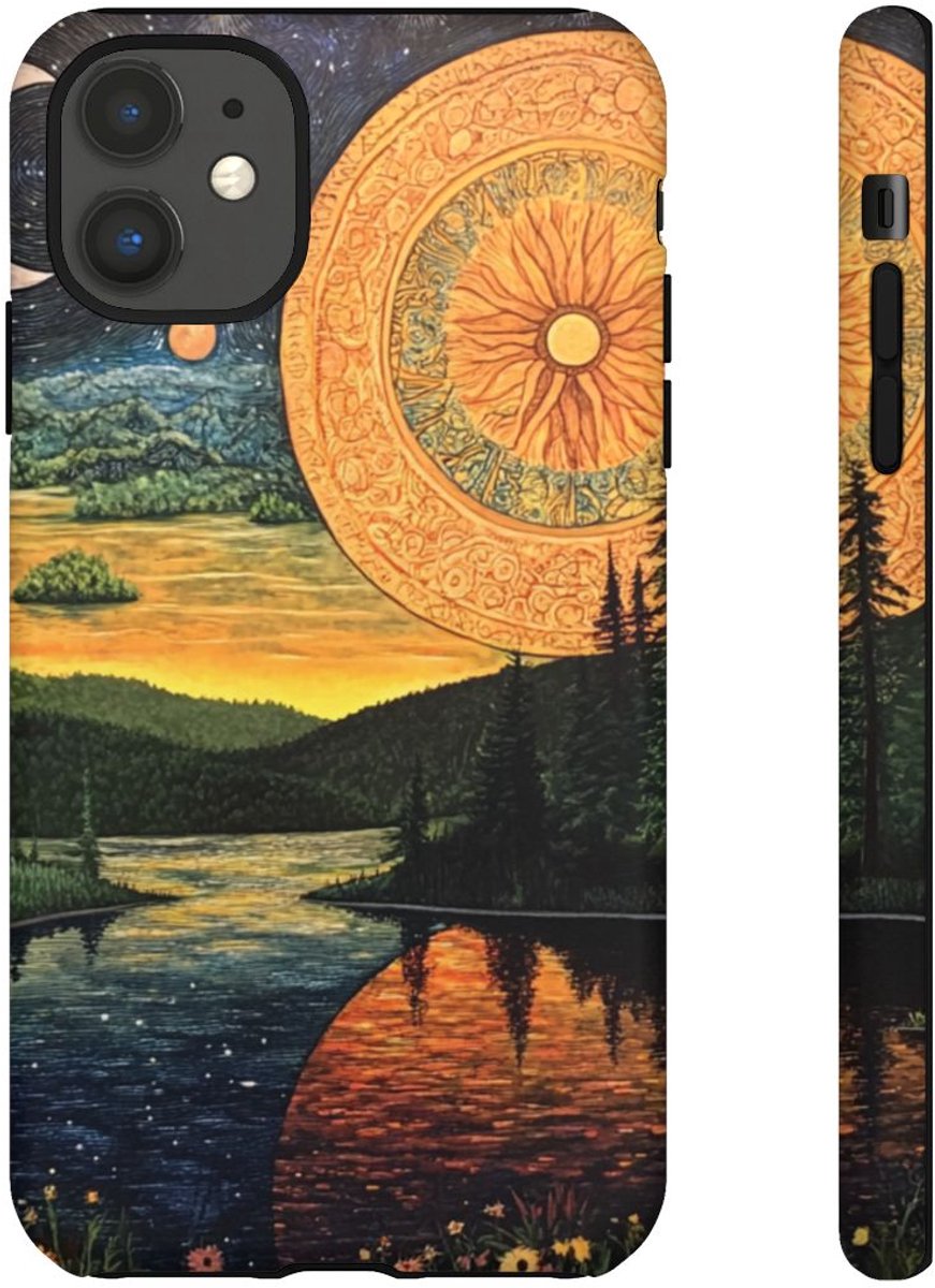 Zon- en Maanlandschap met Bloemrijke Rivier – Telefoonhoesje Geschikt voor iPhone 11