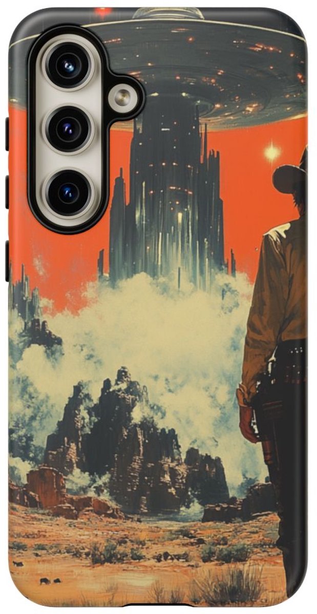 Cowboy en UFO in Woestijnlandschap – Telefoonhoesje Geschikt voor Galaxy S24