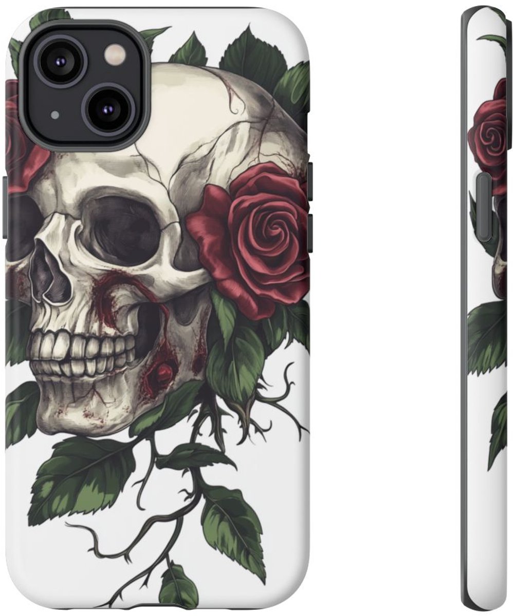 Schedel met Rode Rozen en Groene Bladeren – Telefoonhoesje Geschikt voor iPhone 14 Plus