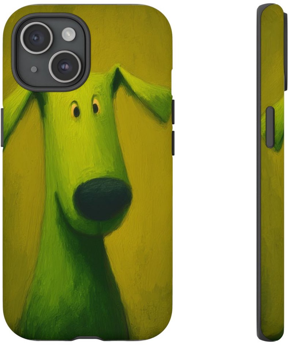 Groene Hond op Gele Achtergrond – Telefoonhoesje Geschikt voor iPhone 15