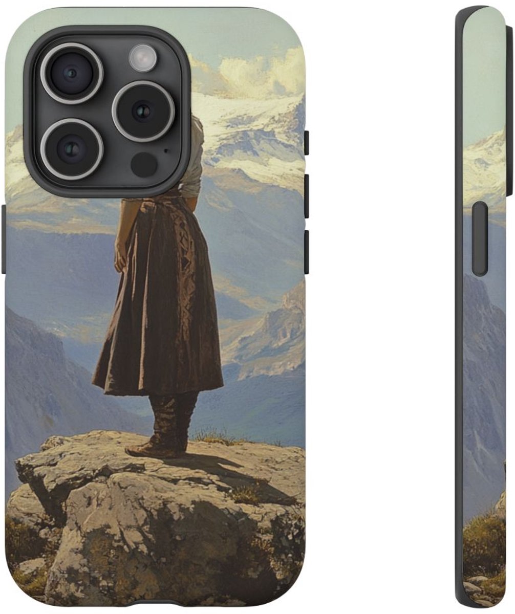 Meisje op Rots in Bergen – Telefoonhoesje Geschikt voor iPhone 15 Pro
