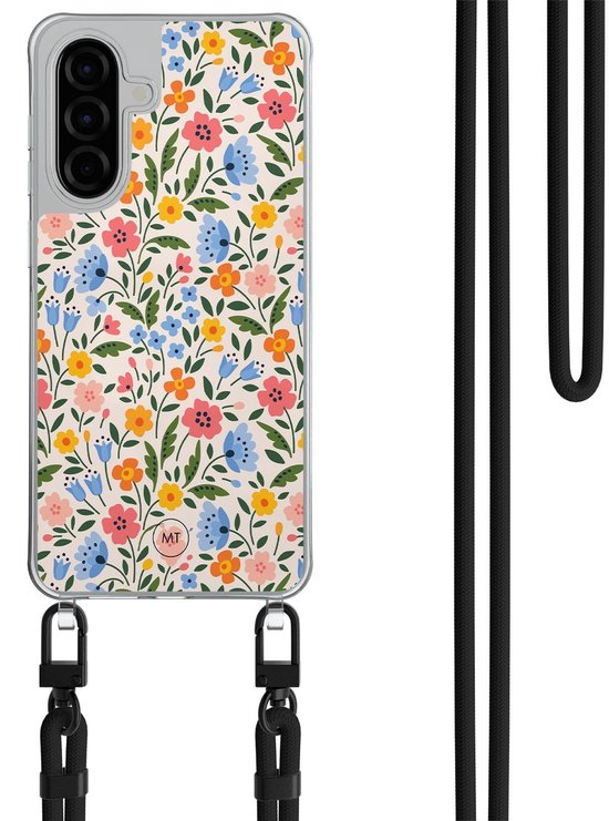 Coque de téléphone transparente avec un imprimé floral romantique aux couleurs pastel, avec un cordon noir.