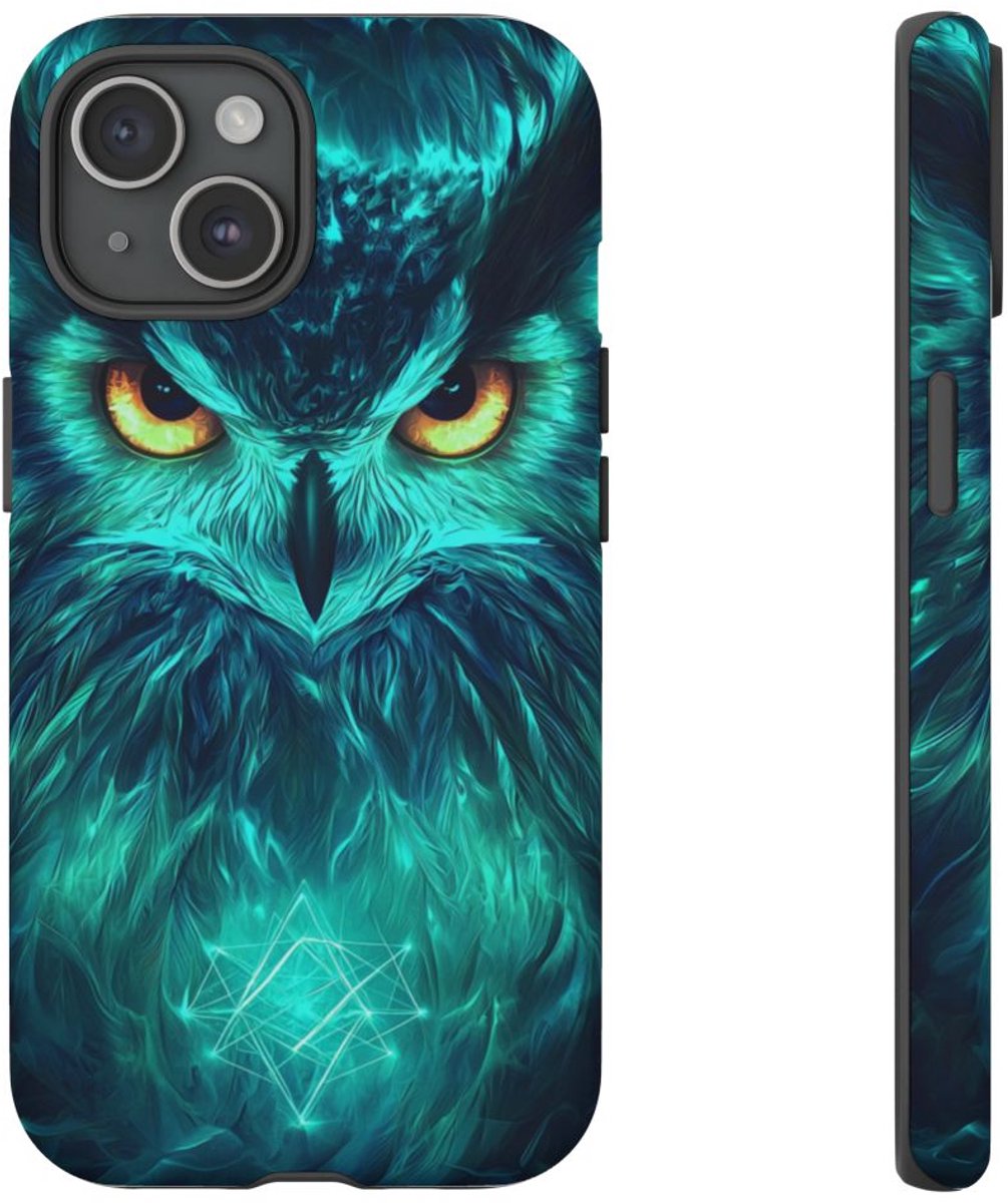 Mystieke Uilengezicht met Gloeiende Ogen – Telefoonhoesje Geschikt voor iPhone 15