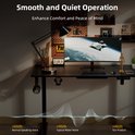Zwart bureau met monitor, lamp, koptelefoon, gedetailleerde geluidsgolven die de stille werking benadrukken.
