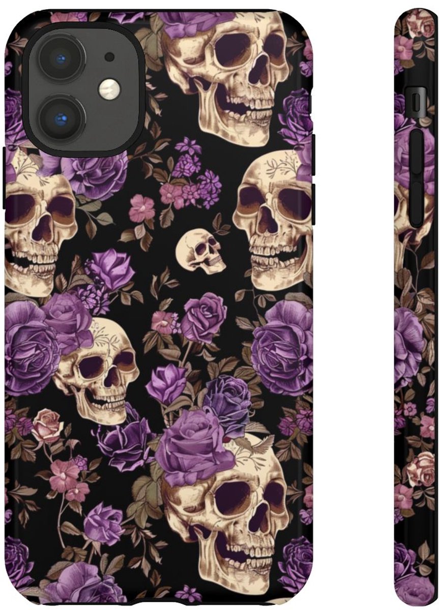 Paarse Rozen en Schedels Patroon – Telefoonhoesje Geschikt voor iPhone 11