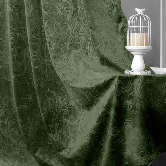 Qelus Fluweel Gordijnen - Verduisterende Gordijnen - Kant en Klaar Gordijn - Luxe 2-delige Gekreukt Fluweel Gordijn - Bloemendamastpatroon, Thermisch Isolerend & Lichtwerend Voor Woonkamer Of Slaapkamer - B 132 x H 213cm (Olijfgroen)