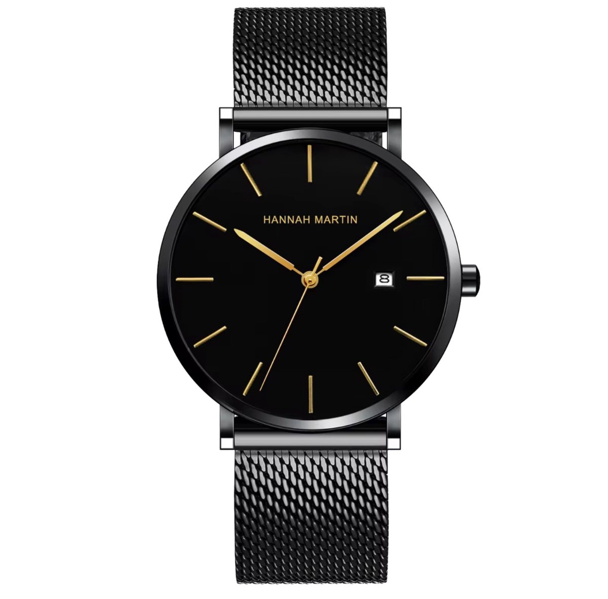 Hannah Martin Zwart Heren Horloge | Verstelbaar | Horloges | Goud Wijzers | Luxe Geschenkdoos |