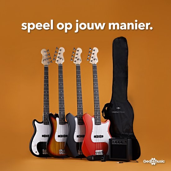 Vier VISIONSTRING bassgitaren (sunburst, zwart, rood) met gig bag, versterker en accessoires op oranje achtergrond.