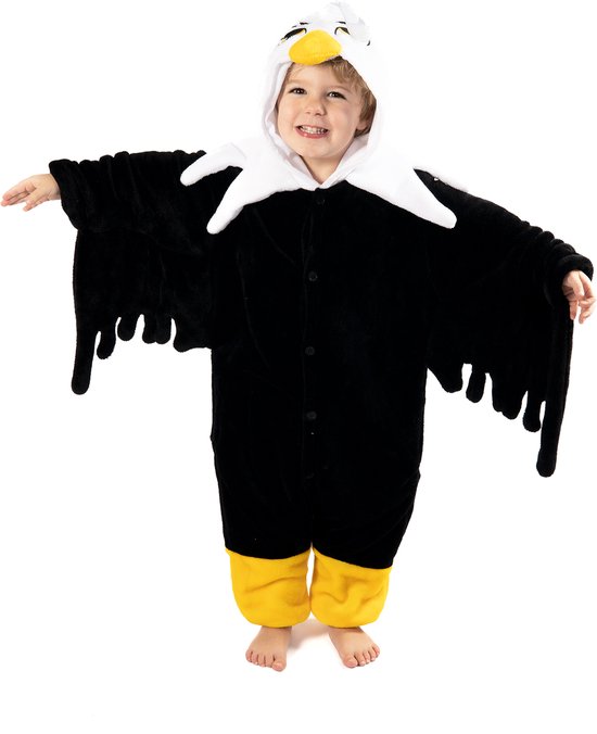 KIMU Onesie Adelaar Pak - Maat 128-134 - Vogelpak Arend Kostuum Pak Zwart Vogel - Kinderen Jumpsuit Pyjama Huispak Jongen Meisje Halloween