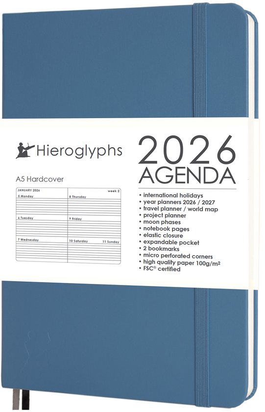 Hieroglyphs Agenda 2026 A5 - 1 Week op 2 pagina's - Harde Kaft - Elastiek - Opbergvak - 2 Bladwijzers - Weekagenda Jaaragenda Volwassenen - Petrol Blue