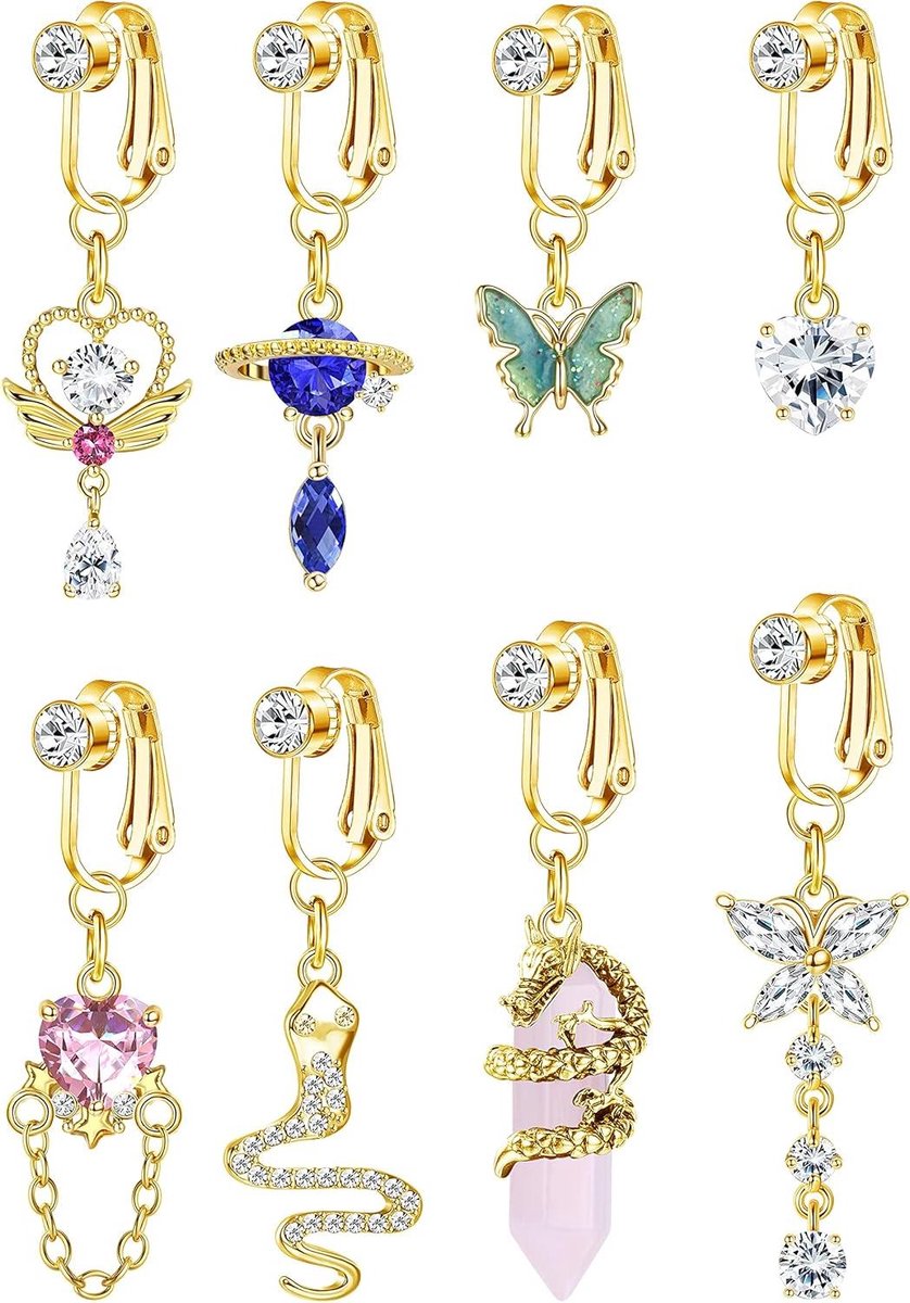 Inovra Plus - Nep navelringen set van 8 stuks voor vrouwen | 316L roestvrij staal | Clip op navel bars met slang/hart/vlinder/CZ | Niet doorboord | Lichaamspiercing sieraden