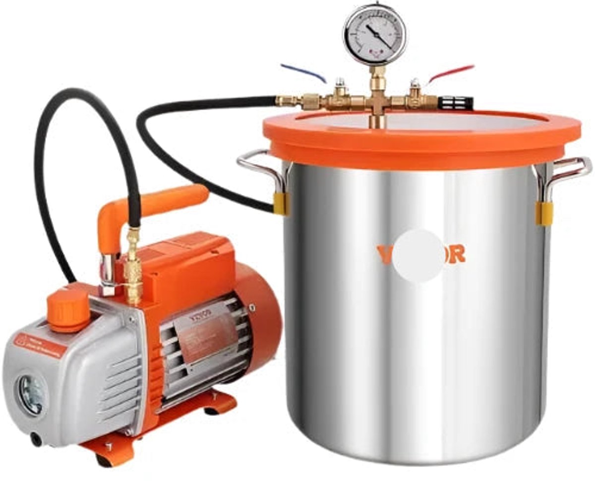 Vacuümpomp - Koelmiddel Vacuümpomp - Gereedschap voor Koeling - 5 Gallon Vacuümkamer - Deksel van Gehard Glas - 3.5CFM Vacuümpomp - Enkeltraps - voor Het Stabiliseren van Houtontgassende Siliconen Epoxie - Oranje