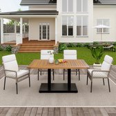 Pugsdrly 5-delige tafel- en stoelset voor buiten voor 4 personen, tafelblad van massief acaciahout, stoelen met PE-rotanbekleding, ideaal voor maaltijden in de tuin of op het terras